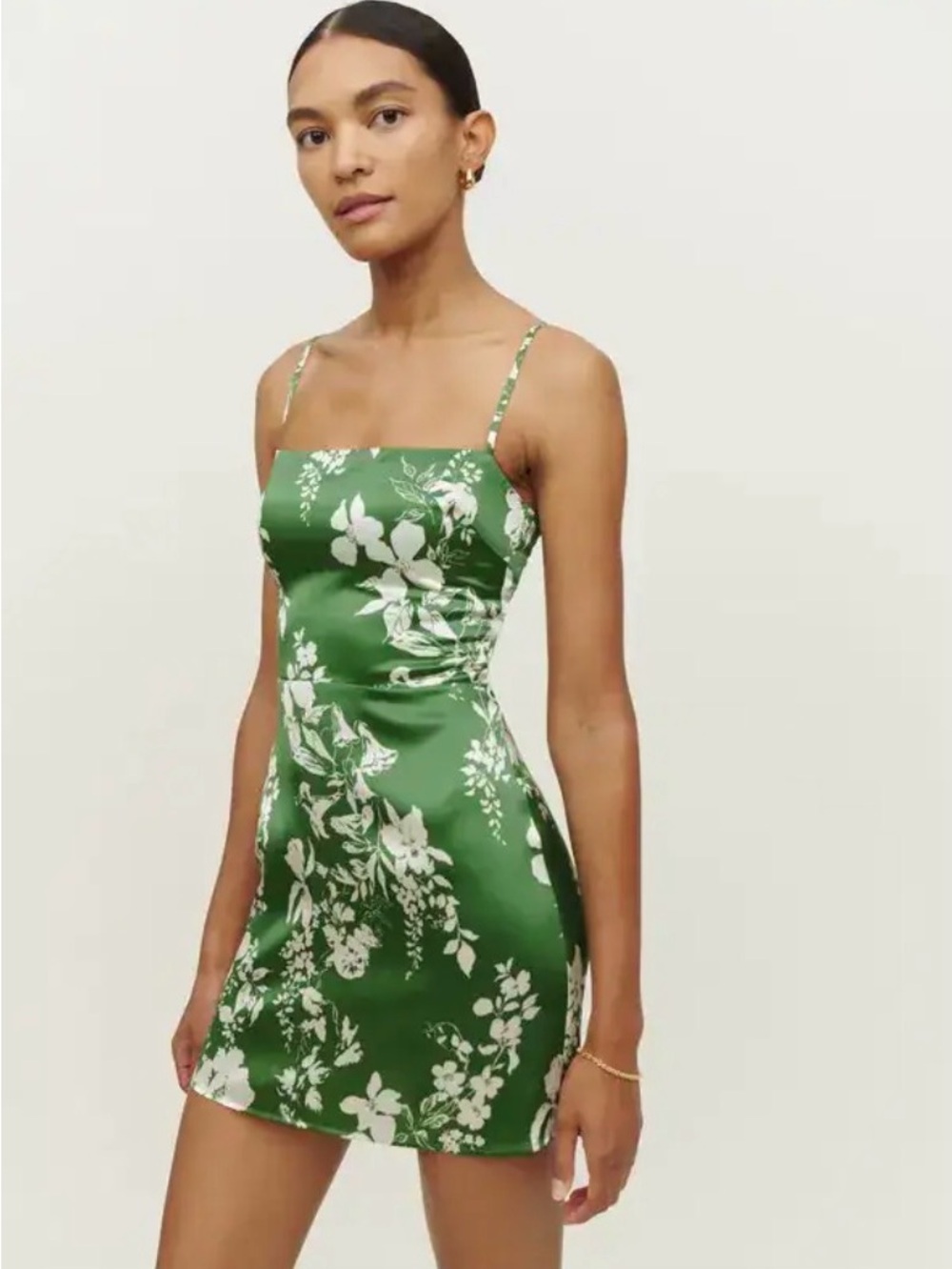 Reformation Green Satin Floral Slip Mini Dress